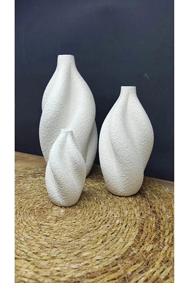 Modern Kıvrımlı 3'lü Dekoratif Vazo Seti – Seramik Görünümlü Mat Doku, Ev Dekorasyon